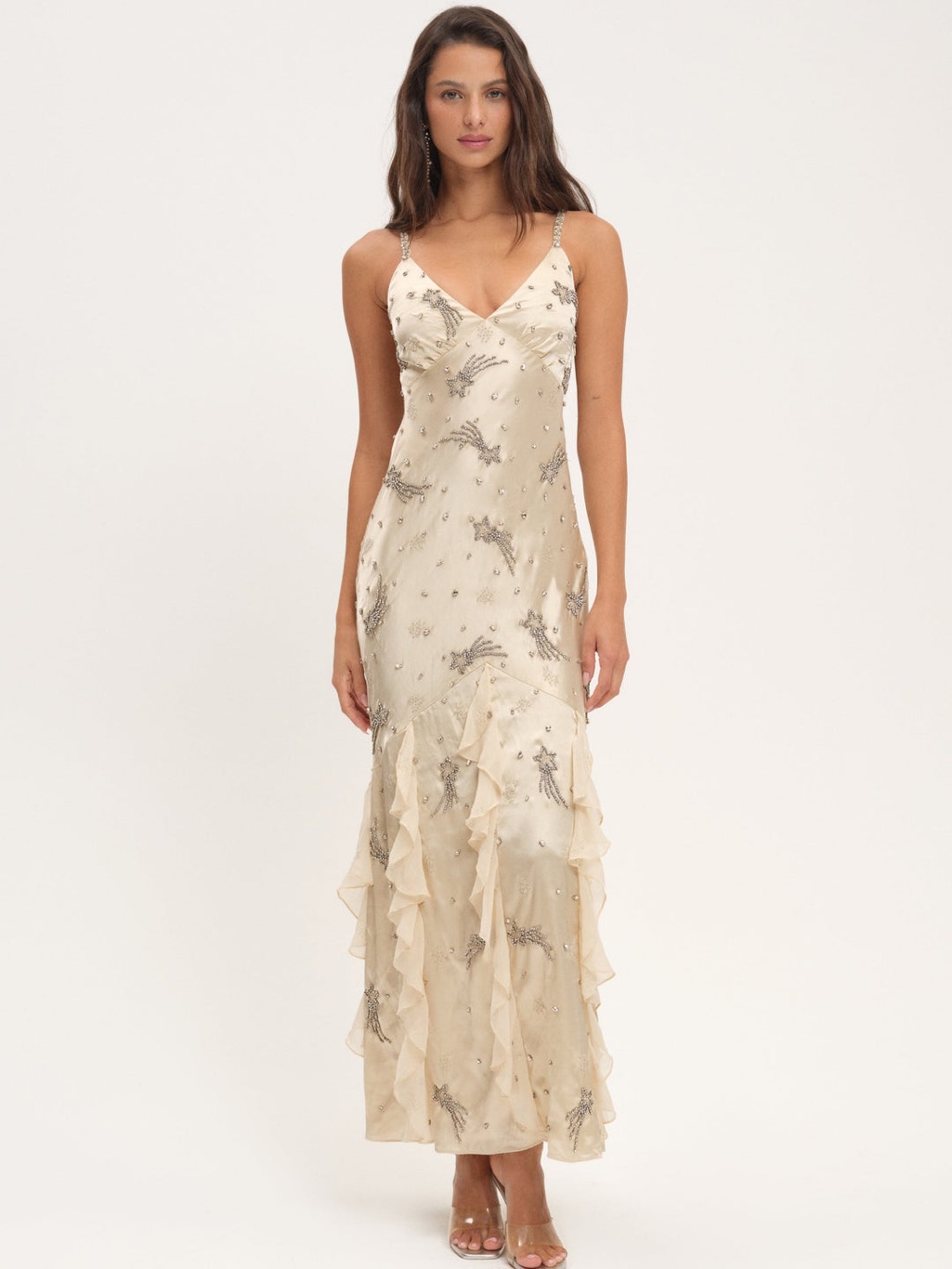 For Love & Lemons Elea Shooting Star Cream Beaded Ruffle Maxi Dress Size Small
